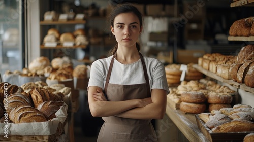 Woman in bakery standing arms crossed wearing apron surrounded by bread and pastries in indoor bakery shop interior.