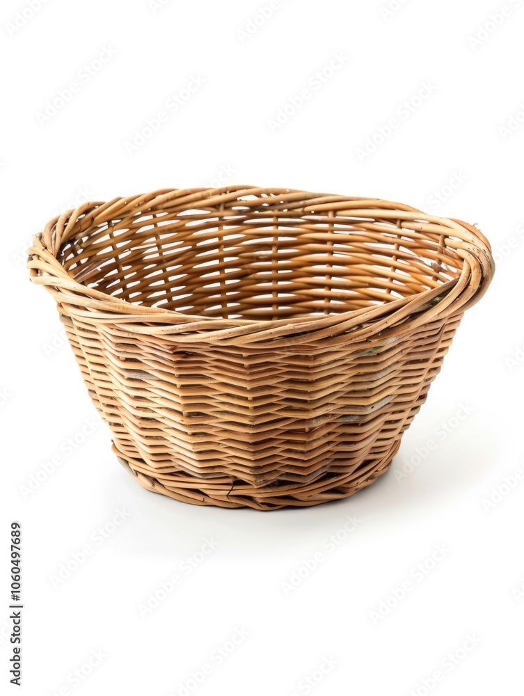 Handmade brown wicker basket with flat bottom, suitable for kitchenware or decorative storage. Handmade brown wicker basket with flat bottom, suitable for kitchenware or decorative storage.