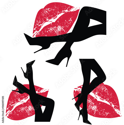 sexy woman slim legs wearing high heels stiletto shoes crossed at ankle with red lipstick kiss mark vector silhouette design set