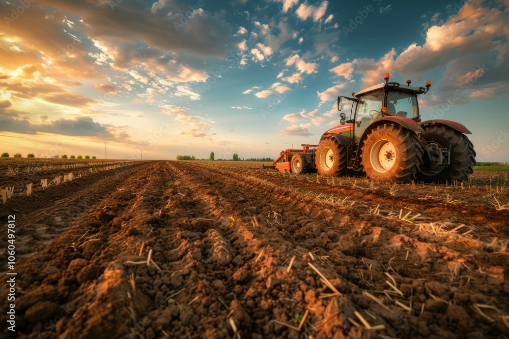Fototapeta premium Farmer in tractor preparing land with seedbed cultivator as part of pre seeding activities. Neural network ai generated art