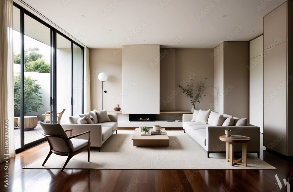 Fototapeta premium Minimalist, japandi interior design of modern living room with stylish furniture