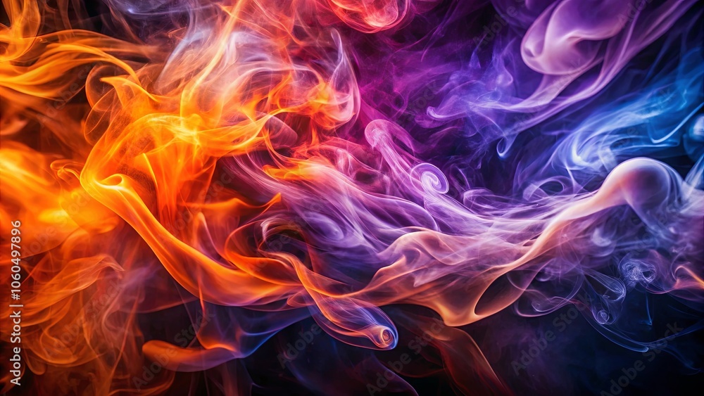 Abstract Swirling Smoke in Vibrant Hues of Orange, Purple, and Blue on a Dark Background