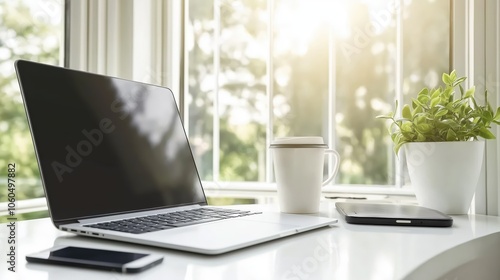 A serene morning unfolds with a cup of steaming coffee beside a sleek smartphone, basking in soft sunlight that creates intricate shadow patterns on a white table.