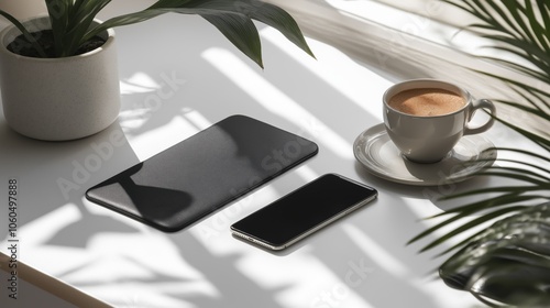 A serene morning unfolds with a cup of steaming coffee beside a sleek smartphone, basking in soft sunlight that creates intricate shadow patterns on a white table.
