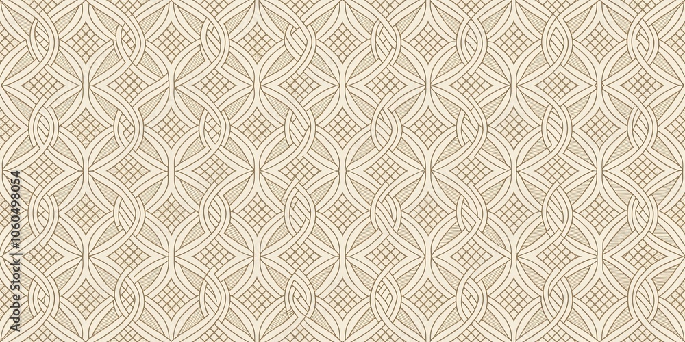 Fototapeta premium A seamless pattern of interconnected curves and lines creating a complex geometric design with a subtle beige color palette.