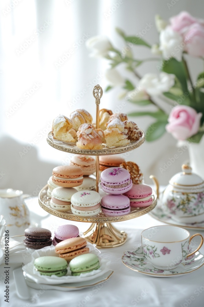 Sweet treats on a tiered plate. French macaroons, pink and white pastries. Sweet treats on a tiered plate. French macaroons, pink and white pastries.
