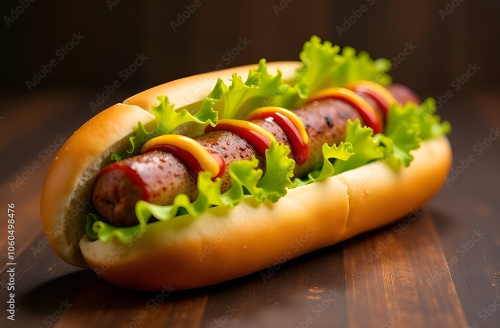 Close-up of a delicious gourmet hot dog with sausage, lettuce, ketchup, mustard, studio lighting, wooden background, food photography Close-up of a delicious gourmet hot dog with sausage, lettuce, ketchup, mustard, studio lighting, wooden background, food photography