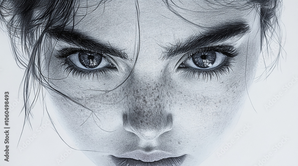 Obraz premium Artistic Portrait of a Model With Freckles and Intense Expression natural freckles, and striking beauty