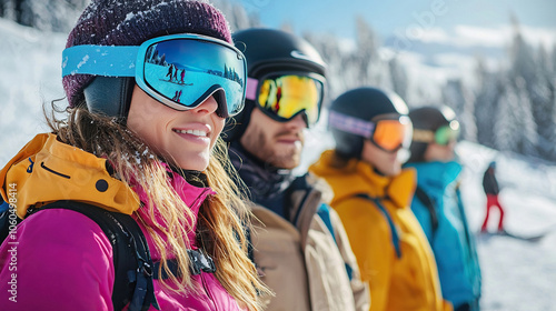 Group of tourists skiers and snowboarders stands at ski resort.