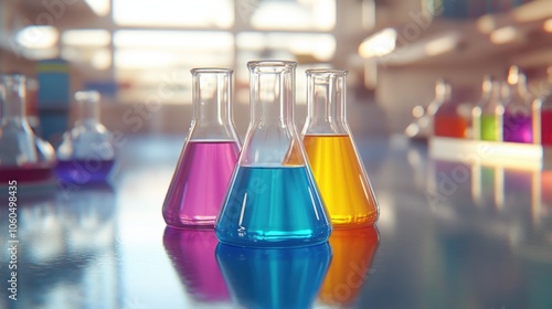 Detailed 3D Erlenmeyer flasks filled with colored liquids, placed in a line on a reflective lab bench