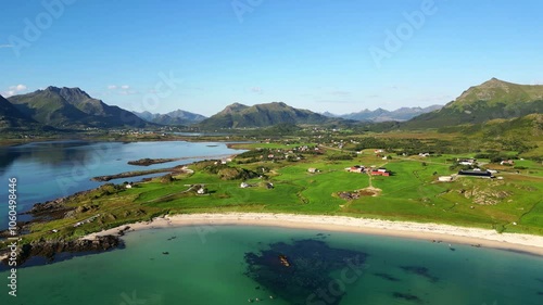 Aerial landscape of Northern Norway by drone in Bo municipality, Norland, Norway. Beautiful scenery of Northern Scandinavia in Norway. photo