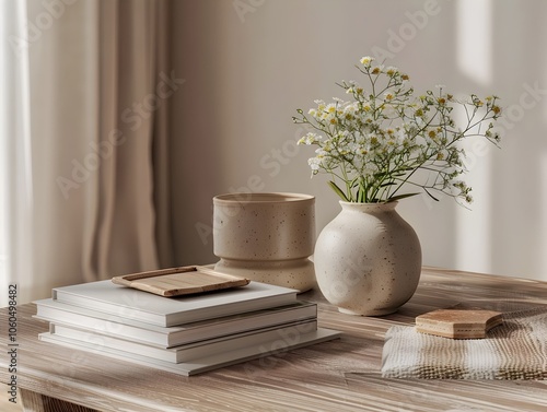 Minimalist Floral and Book Arrangement on Light Wooden Table