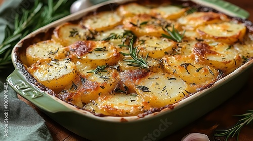 Delicious potato casserole with garlic, baked to perfection, served in a rustic dish for dinner delight