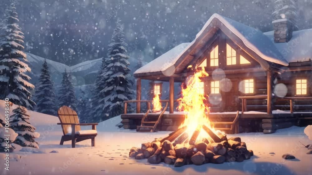 Bonfire and snowfall in a wooden mountain cabin, 4k loop animated background Bonfire and snowfall in a wooden mountain cabin, 4k loop animated background