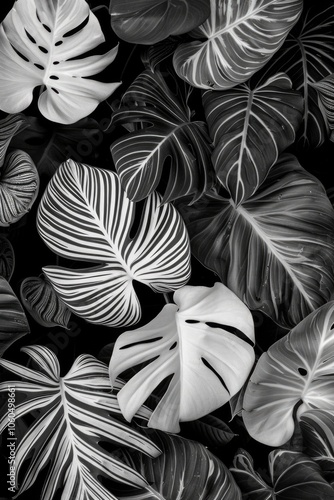 Diverse tropical leaves in close up detail. Textured patterns and natural colors on leaf surfaces.