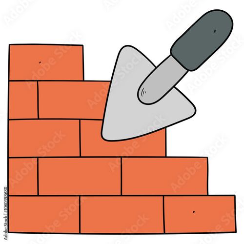 Hand drawn cartoon brick wall and cement trowel on white background.