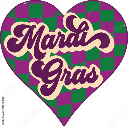 Groovy Mardi Gras Lettering text on Checkerboard HEART illustration vector