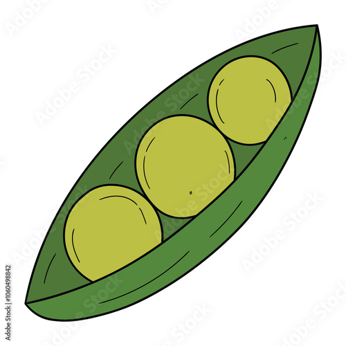 Hand drawn cartoon green pea pod on white background.