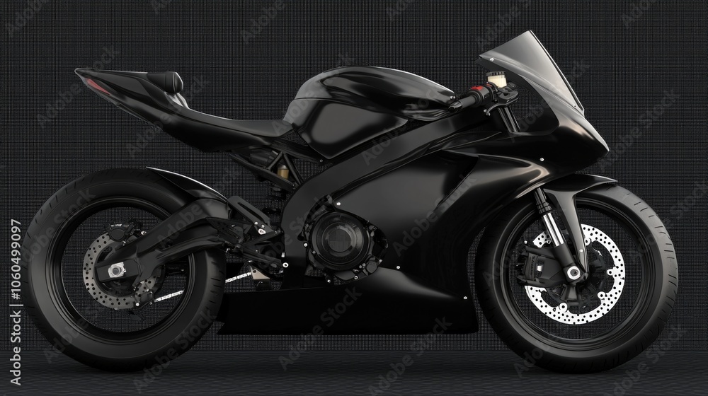 Obraz premium Black motorcycle with a black seat and a black tank. The motorcycle is parked in front of a wall