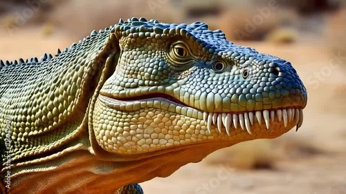 A close-up shot of Megalania’s face, captures the rough texture of its scales, its sharp, vicious teeth, and it's intense, watchful eyes, set against a blurred background of dry vegetation. photo