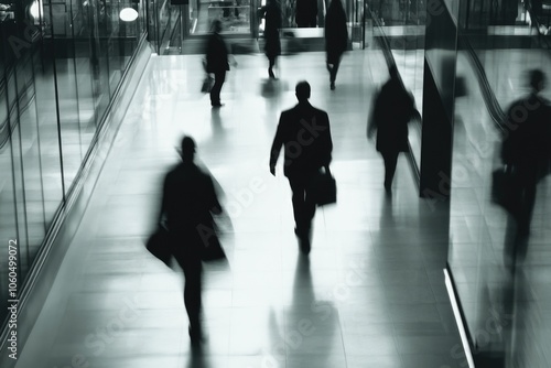 Blurred business professionals walking on a corporate floor.