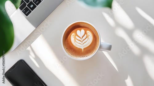 A serene morning unfolds with a cup of steaming coffee beside a sleek smartphone, basking in soft sunlight that creates intricate shadow patterns on a white table.