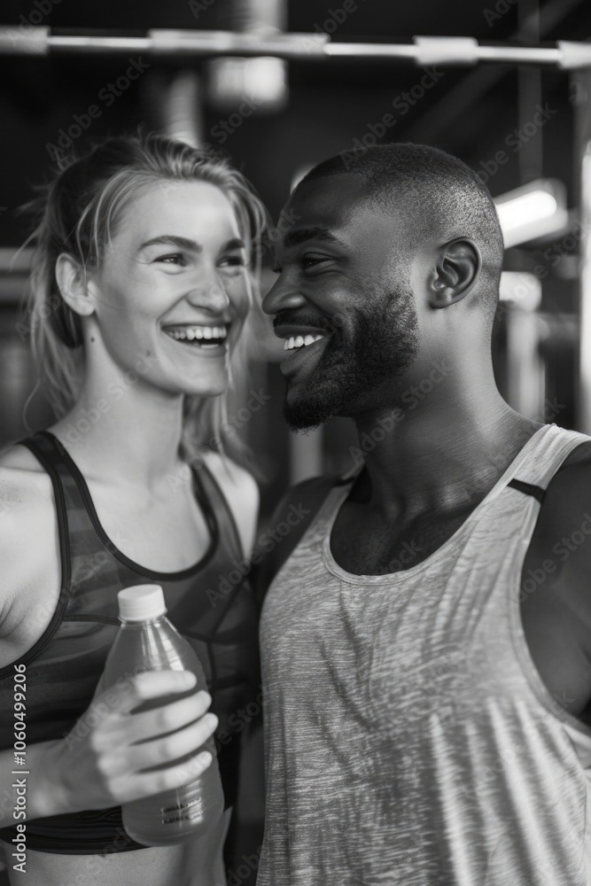 Two fit people in a gym, laughing while drinking from sports bottles, representing health, friendship, and active lifestyle. Two fit people in a gym, laughing while drinking from sports bottles, representing health, friendship, and active lifestyle.