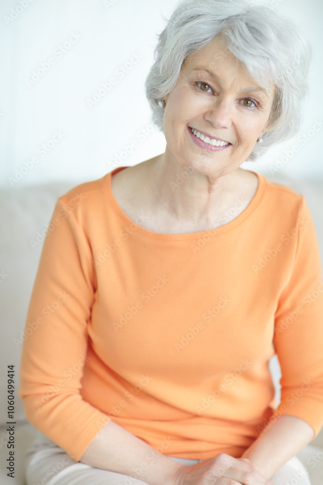 Senior woman, portrait and peace in home, lounge satisfaction and couch for rest in retirement. Female person, elderly lady and relax on sofa in apartment, happy and confidence or pride in house Senior woman, portrait and peace in home, lounge satisfaction and couch for rest in retirement. Female person, elderly lady and relax on sofa in apartment, happy and confidence or pride in house