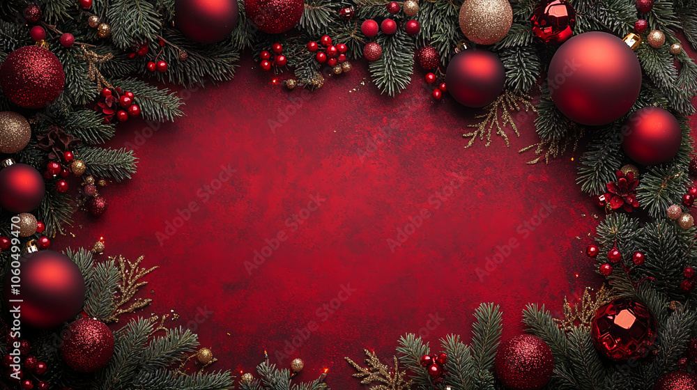 Christmas Frame with Balls and Fir Branches on a vibrant Red Background for Greeting Card Christmas Frame with Balls and Fir Branches on a vibrant Red Background for Greeting Card