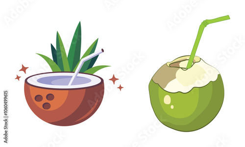 Coconut juice with tube in two different type icons. Vector illustration.