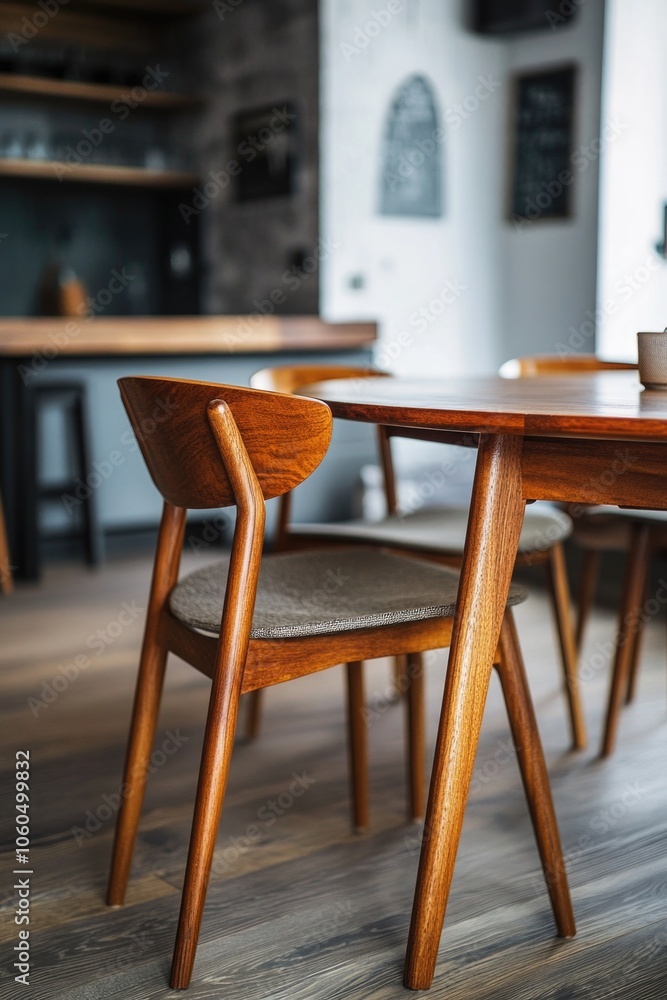 Wooden chair is sitting at a table in a kitchen. The chair is brown and has a cushion on it. The table is round and made of wood Wooden chair is sitting at a table in a kitchen. The chair is brown and has a cushion on it. The table is round and made of wood