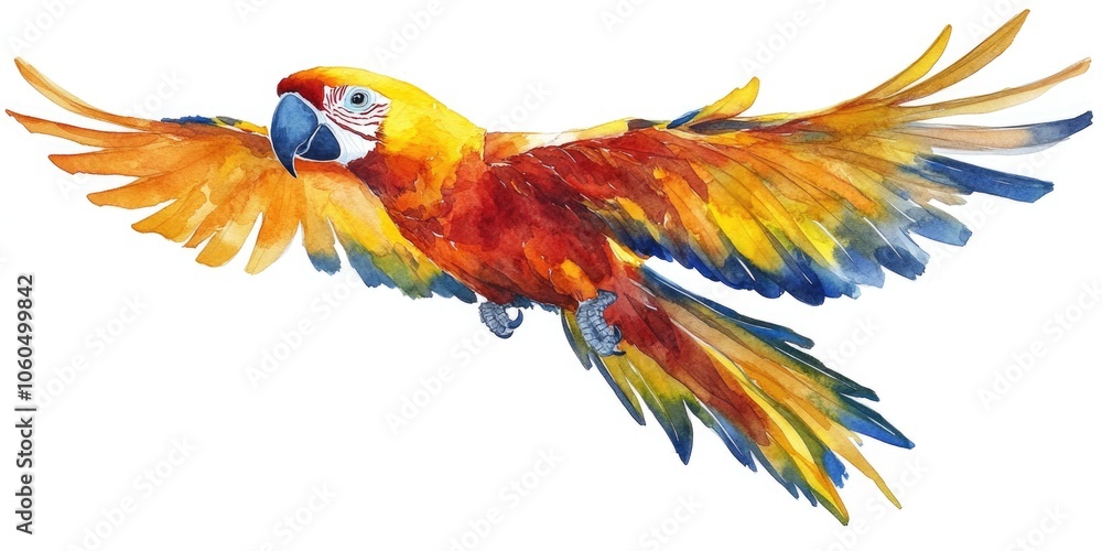 Fototapeta premium A vivid, tropical parrot soaring with outstretched wings, symbolizing freedom and beauty.