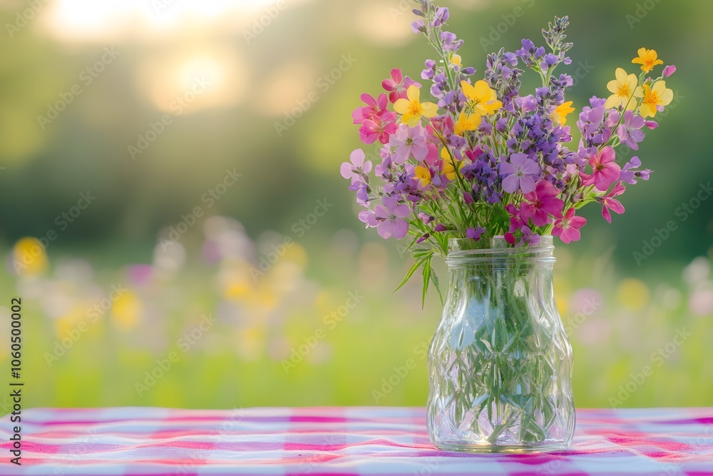 A collection of wildflowers in a glass jar on a camping table with copyspace. A collection of wildflowers in a glass jar on a camping table with copyspace.
