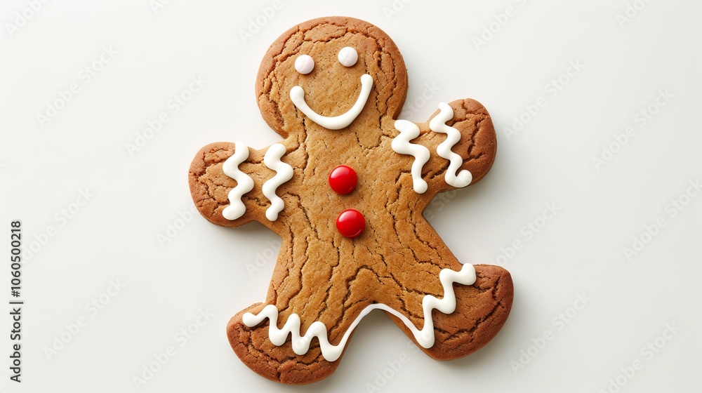 A gingerbread man cookie with white icing and red candy buttons. A gingerbread man cookie with white icing and red candy buttons.