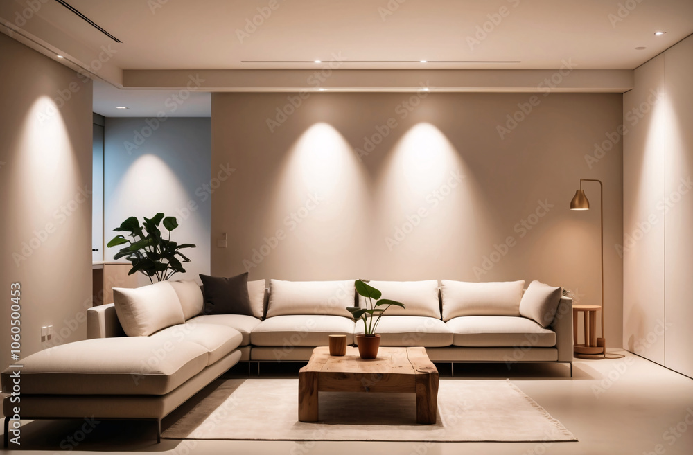Fototapeta premium Minimalist, japandi interior design of modern living room with stylish furniture