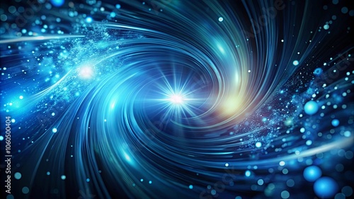 A cosmic whirlpool of light, swirling with luminous streaks and celestial dust, illuminates the dark abyss with a radiant core.