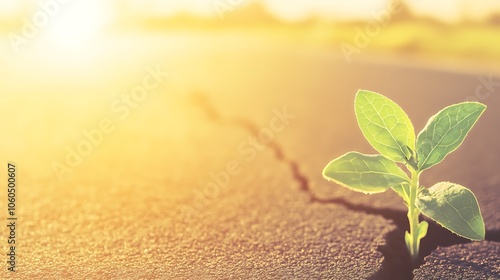 An inspiring stock photo depicting a young green sprout emerging from a narrow crack in the asphalt, symbolizing determination and the relentless drive for growth