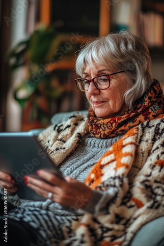 An elderly woman comfortably seated in her home, engrossed in reading on a tablet.