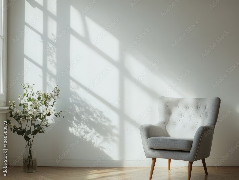 Fototapeta premium Sunlit living room with comfortable chair, minimalistic decor and plants.