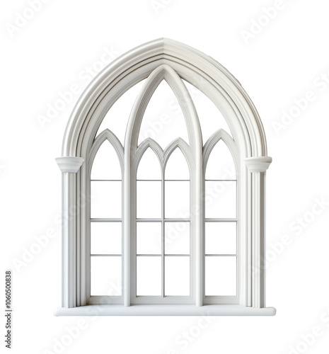 Elegant white gothic window design showcasing intricate arch details, transparent