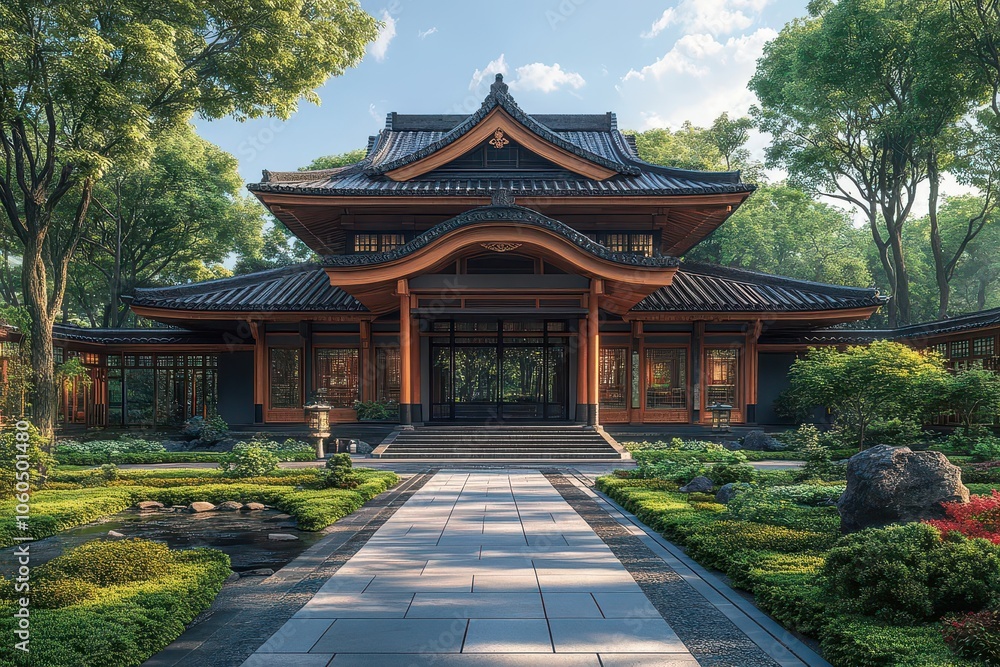 3d rendering of a traditional japanese temple surrounded by lush greenery embodying tranquility and cultural richness with intricate architectural details and a serene atmosphere 3d rendering of a traditional japanese temple surrounded by lush greenery embodying tranquility and cultural richness with intricate architectural details and a serene atmosphere