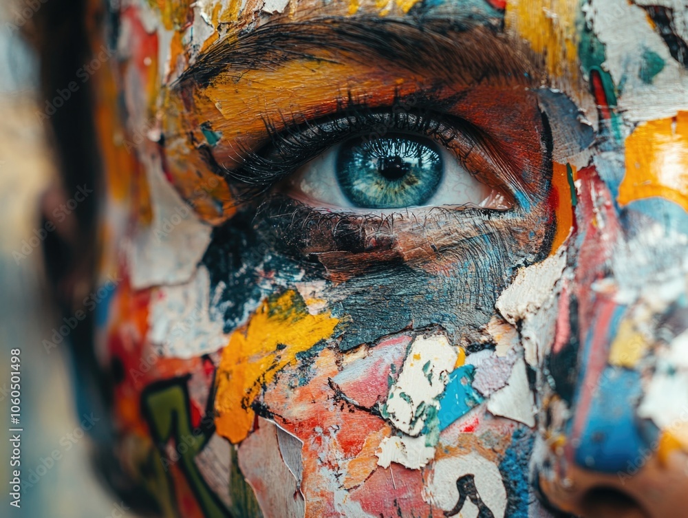 Fototapeta premium Vivid and bold artistic expression on human skin, unique face painting design with multicolored splashes and patterns.