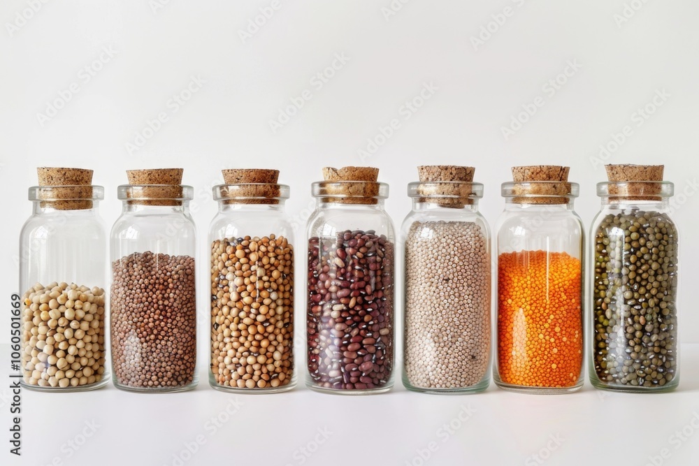 A collection of different spices in glass jars, presented in a vibrant and appealing manner. A collection of different spices in glass jars, presented in a vibrant and appealing manner.