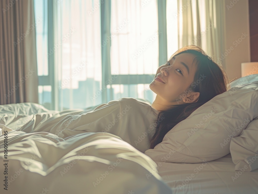Young woman laying in bed with smile, possibly waking up to sunlight streaming through window.