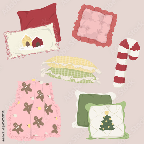 christmas decoration throw pillows and blanket vector illustration