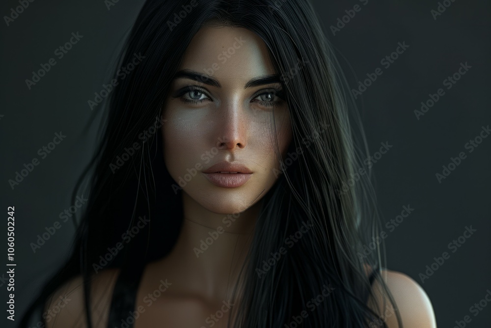 Fototapeta premium Beautiful young woman with long black hair posing on dark background. Neural network ai generated art