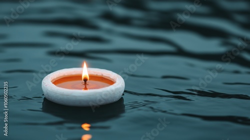 A floating candle illuminates the tranquil water, creating a serene and calming atmosphere.