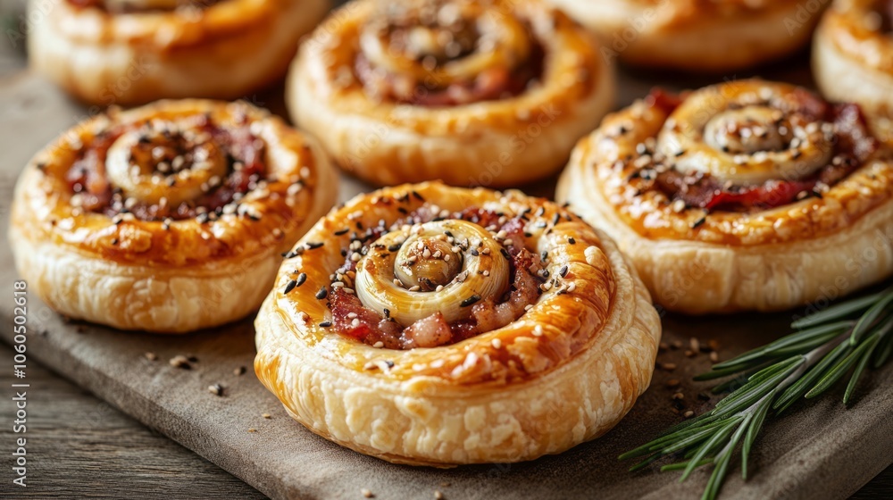 Photorealistic Unsweetened Snails and Puff Pastry on a Rustic Wooden Table Background for Food Lovers Photorealistic Unsweetened Snails and Puff Pastry on a Rustic Wooden Table Background for Food Lovers
