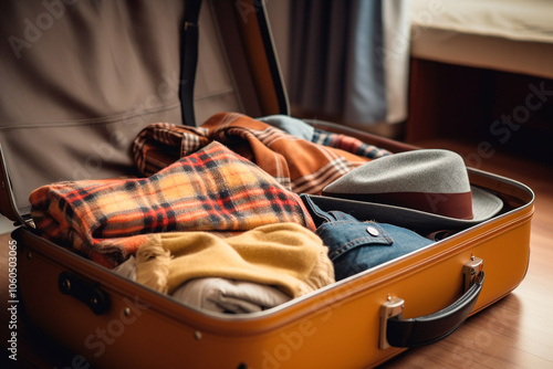 Travel suitcase packed with organized items, symbolizing vacation preparation photo