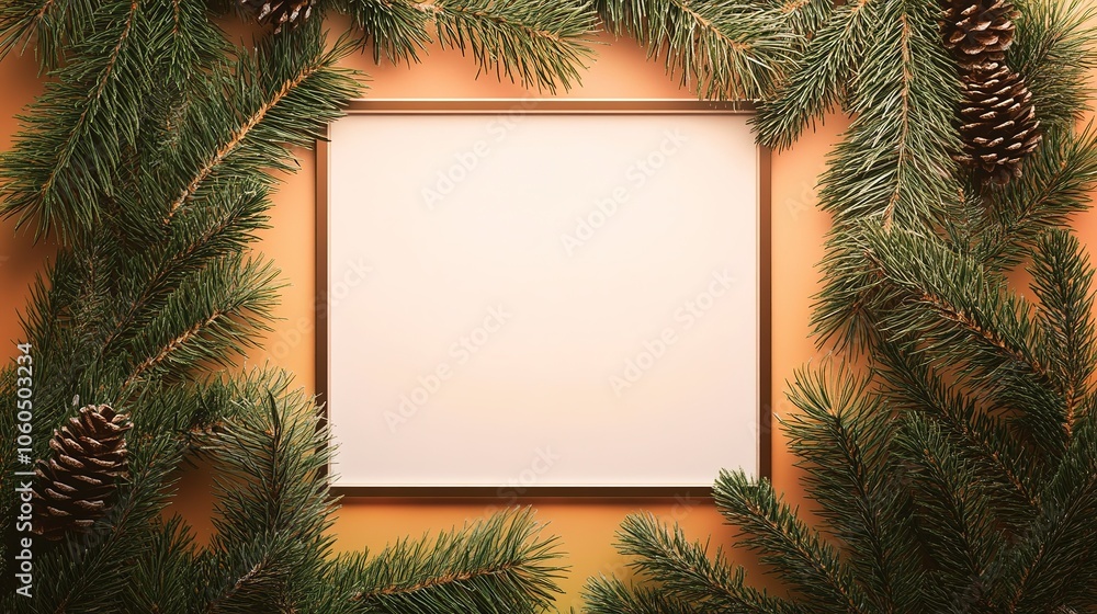 Festive frame with pine branches and cones Festive frame with pine branches and cones